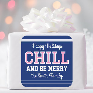 Christmas Family Name Typography Navy Pink Square Sticker