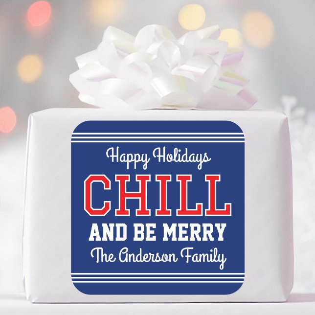 Christmas Family Name Typography Navy Red Square Sticker (Creator Uploaded)