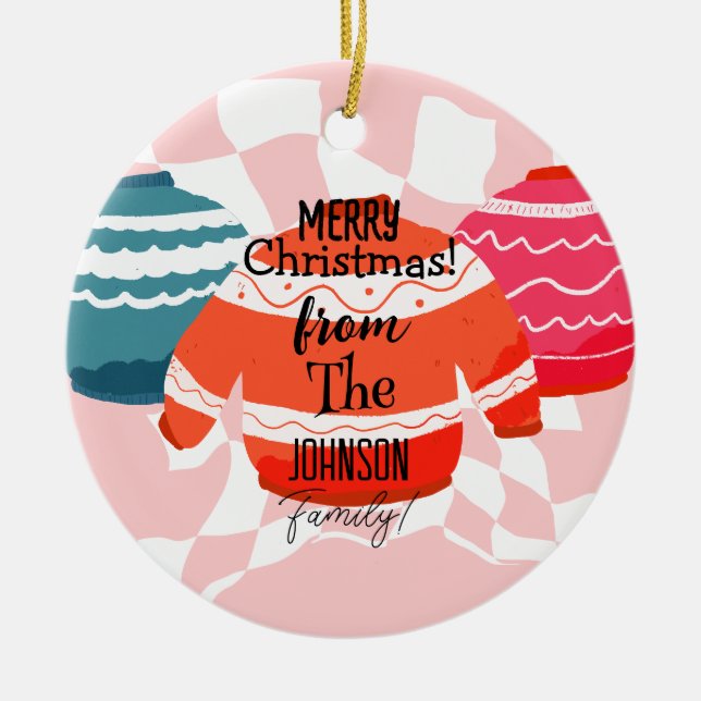 Christmas Family Name Ugly Sweater Pink Ceramic Ornament (Front)