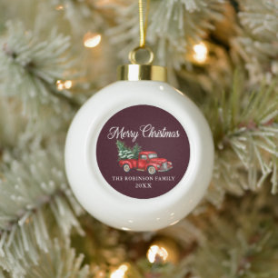 Christmas Family Name Watercolor Vintage Red Truck Ceramic Ball Christmas Ornament