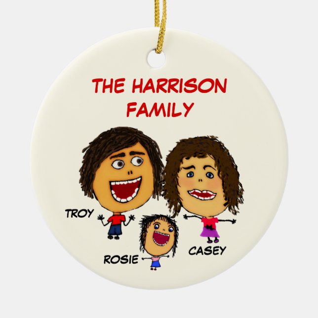 Christmas Family of Three Cartoon with daughter Ceramic Ornament (Front)