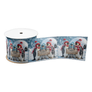 Christmas Family Penguins With a Wooden Sign Satin Ribbon
