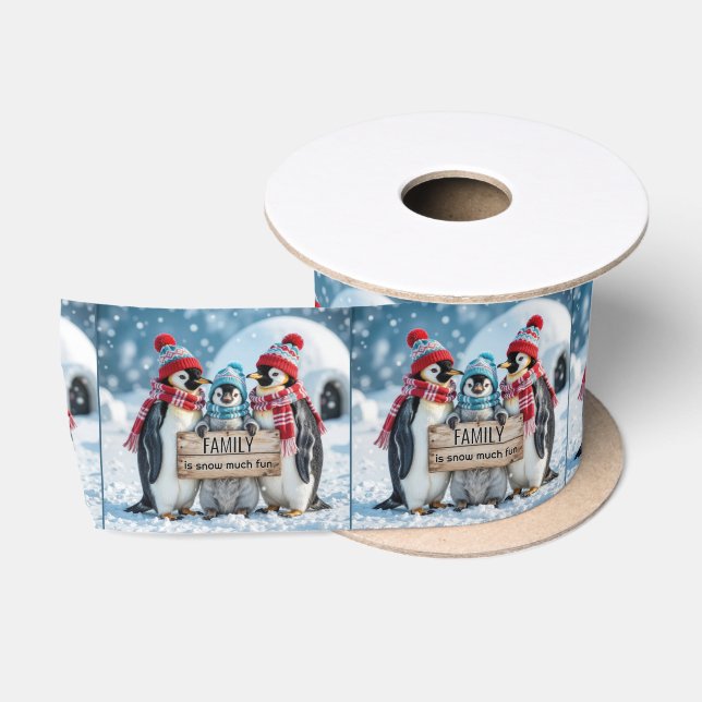 Christmas Family Penguins With a Wooden Sign Satin Ribbon (Spool)