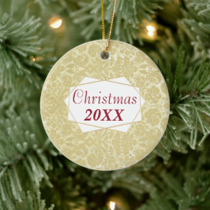 Christmas Family Photo Aged Damask Ornament