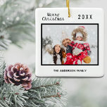 Christmas family photo black white elegant ceramic ornament<br><div class="desc">An elegant white background. The text: Merry Christmas with a black hand lettered style font,  letters.  Template for your own family photo and family name and year. 
Perfect as a gift or as a keepsake for your own family.</div>