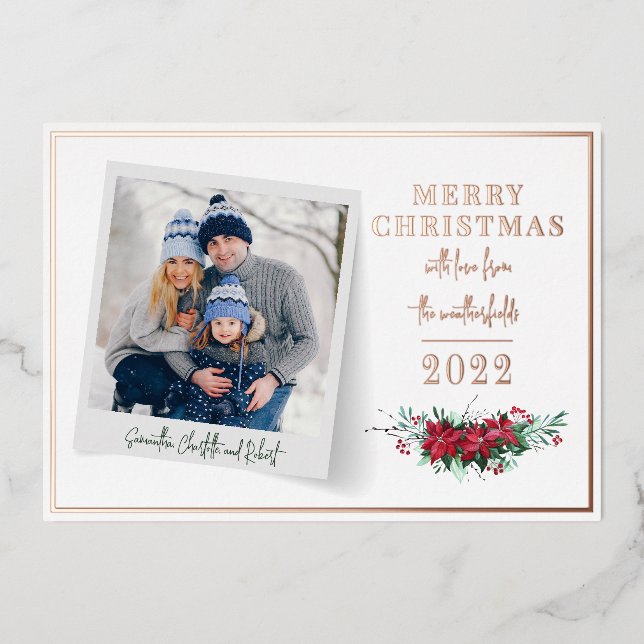 Christmas Family Photo Botanical Rose Gold Foil Holiday Card (Front)
