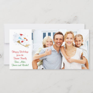 Christmas Family photo card, with a snowman riding Holiday Card