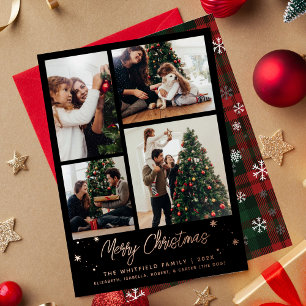 Christmas Family Photo Collage Plaid Rose Gold Foil Holiday Card