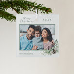 Christmas family photo cone pine glass ornament<br><div class="desc">Personalize and add your own family photo. A green frame decorated with a cone and pine greenery.  Add your family name and year.</div>