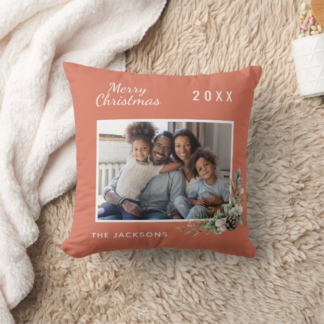 Christmas family photo dusty earth cone pine name throw pillow (Blanket)