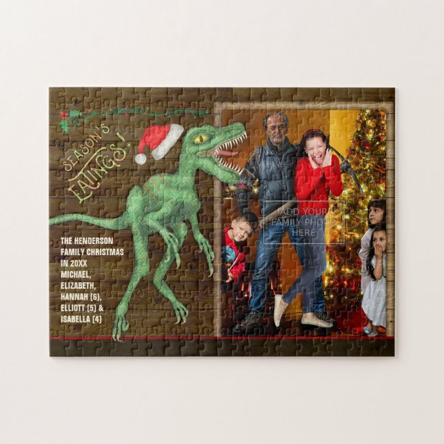 Christmas Family Photo Funny Velociraptor Dinosaur Jigsaw Puzzle (Horizontal)