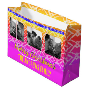 Christmas Family Photo Geometric Pink Yellow Large Gift Bag