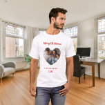 Christmas family photo heart family name T-Shirt<br><div class="desc">White shirt. Personalize and add your own family photo. Heart shaped frame. Add your family name and year. Red text.</div>