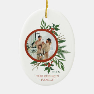 Christmas Family Photo Holly Wreath Oval Ceramic Ornament