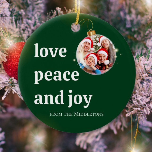 Christmas Family Photo Love Peace Joy Holiday Ceramic Ornament (Creator Uploaded)