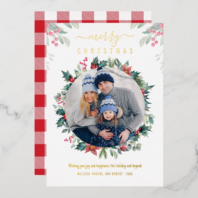 Christmas Family Photo Plaid Gold Foil Holiday Card (Front/Back)