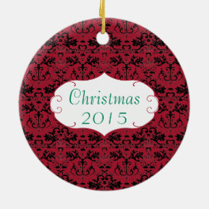 Christmas Family Photo Red Chandelier #2 Damask Ceramic Ornament