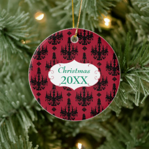 Christmas Family Photo Red Chandelier #4 Damask Ceramic Ornament