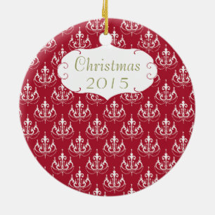 Christmas Family Photo Red Chandelier #5 Damask Ceramic Ornament