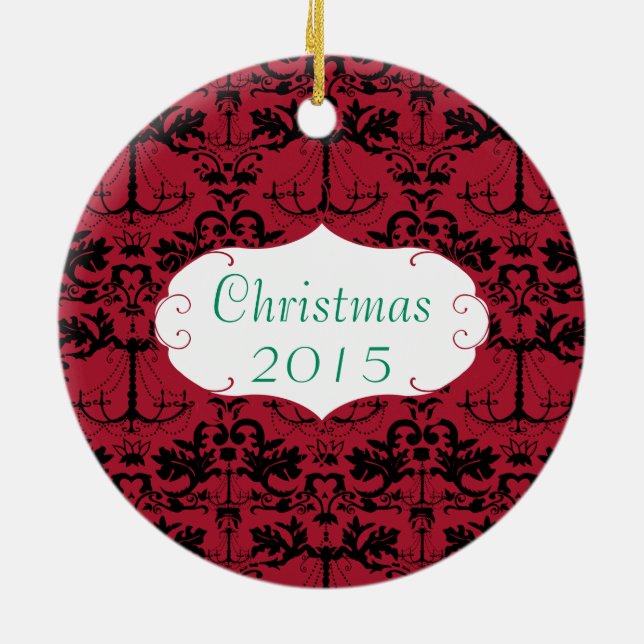 Christmas Family Photo Red Chandelier Damask Ceramic Ornament (Back)