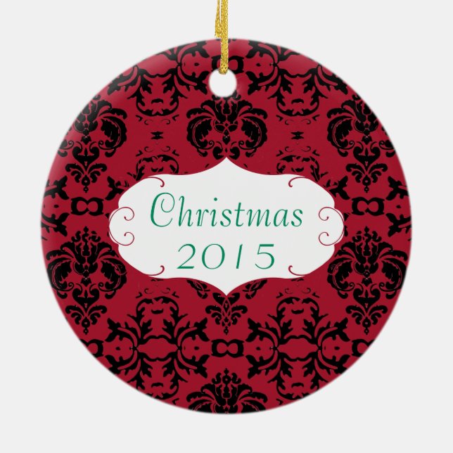 Christmas Family Photo Red Floral Damask Ceramic Ornament (Back)