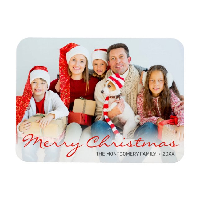 Christmas Family Photo Red Monogram Minimalist Magnet (Horizontal)