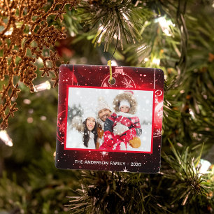 Christmas family photo red stars baubles ceramic ornament
