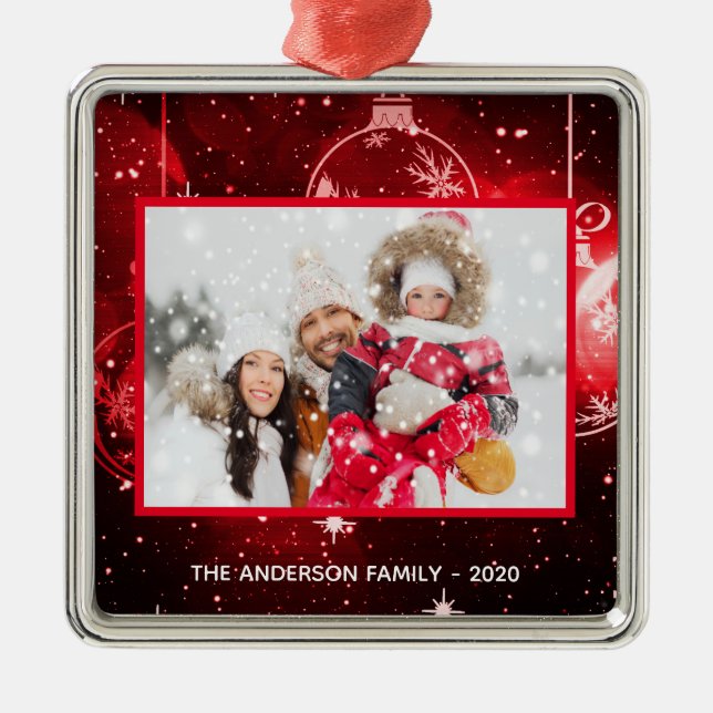 Christmas family photo red stars baubles metal ornament (Front)
