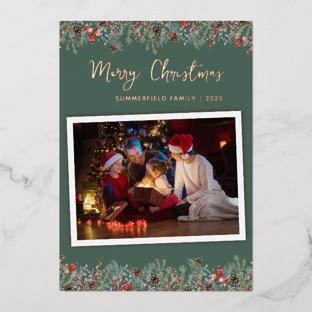 Christmas Family Photo Rose Gold Foil Holiday Card (Front)