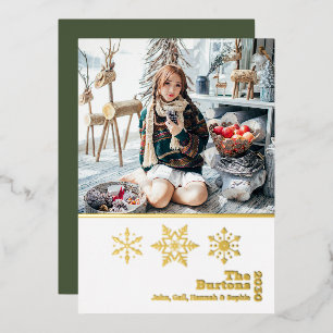 Christmas Family Photo Snowflake Gold Foil Holiday Card