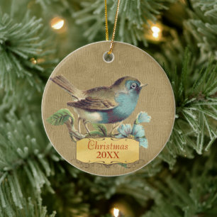 Christmas Family Photo Vintage Bird Aqua Teal Ceramic Ornament