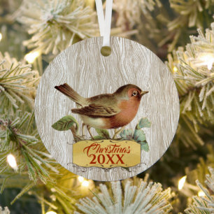 Christmas Family Photo Vintage Bird Aqua Teal Metal Ornament