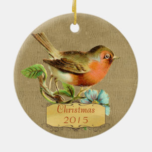 Christmas Family Photo Vintage Bird Coral Aqua Ceramic Ornament