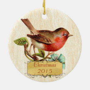 Christmas Family Photo Vintage Bird Russet Aqua Ceramic Ornament