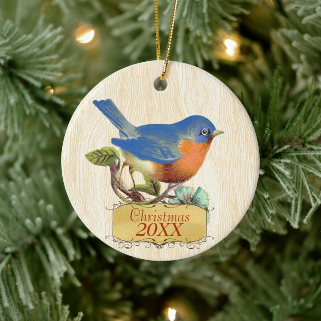 Christmas Family Photo Vintage Bluebird Ceramic Ornament (Tree)