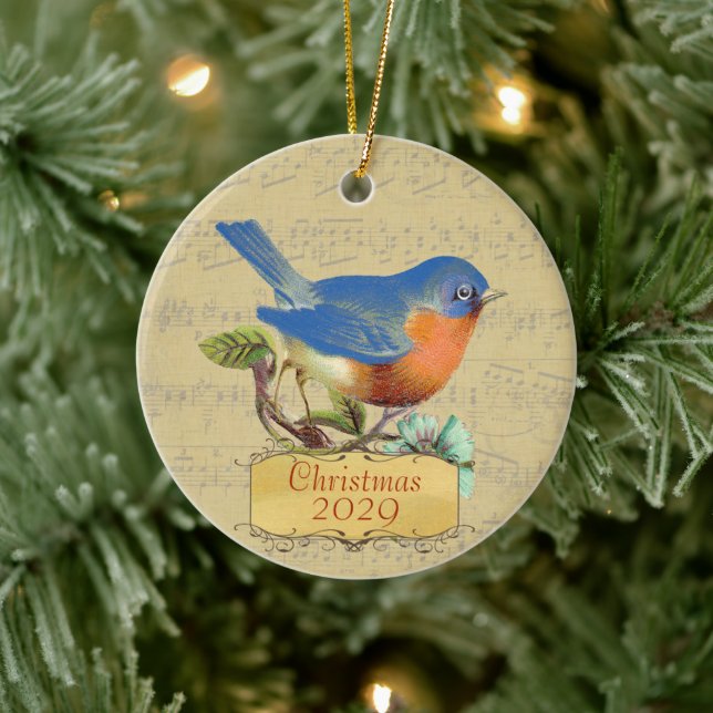 Christmas Family Photo Vintage Bluebird Ceramic Ornament (Tree)