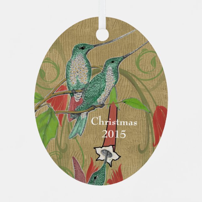 Christmas Family Photo Vintage Hummingbirds Metal Ornament (Back)