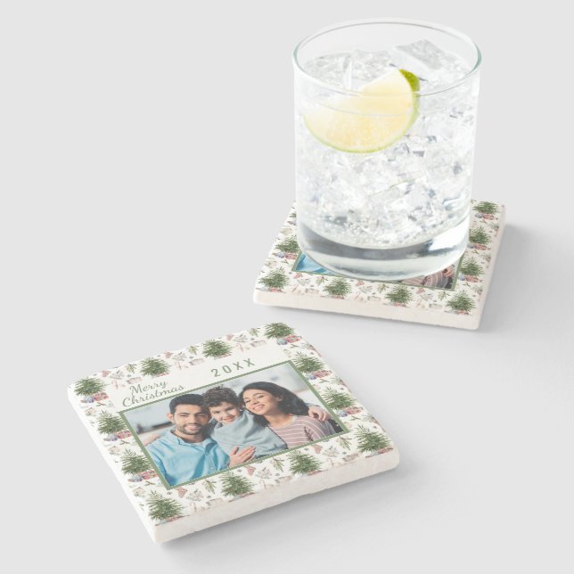 Christmas family photo vintage pattern stone coaster (Side)