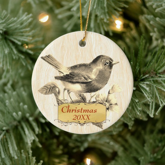 Christmas Family Photo Vintage Purple Bird Ceramic Ornament (Tree)