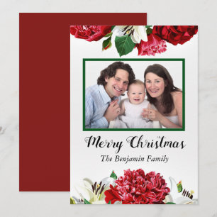 Christmas Family Photo Watercolor Red Flowers Holiday Card