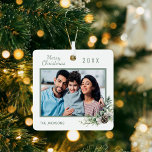 Christmas family photo white cone pine metal ornament<br><div class="desc">Personalize and add your own family photo. A green frame decorated with a cone and pine greenery.  Add your family name and year.</div>