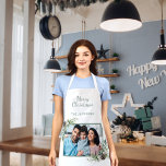 Christmas family photo white cone pine name apron<br><div class="desc">Personalize and add your own family photo. A green frame decorated with a cone and pine greenery. Elegant white background.  Add your family name.</div>