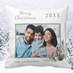 Christmas family photo white cone pine name throw pillow<br><div class="desc">Personalize and add your own family photo. A green frame decorated with a cone and pine greenery. Elegant white background.  Add your family name and year.</div>