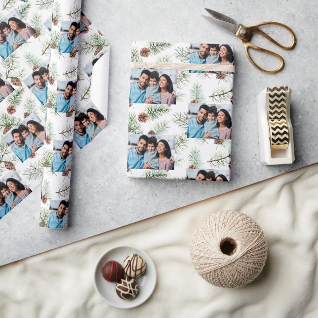 Christmas family photo white cone pine wrapping paper (Crafts)