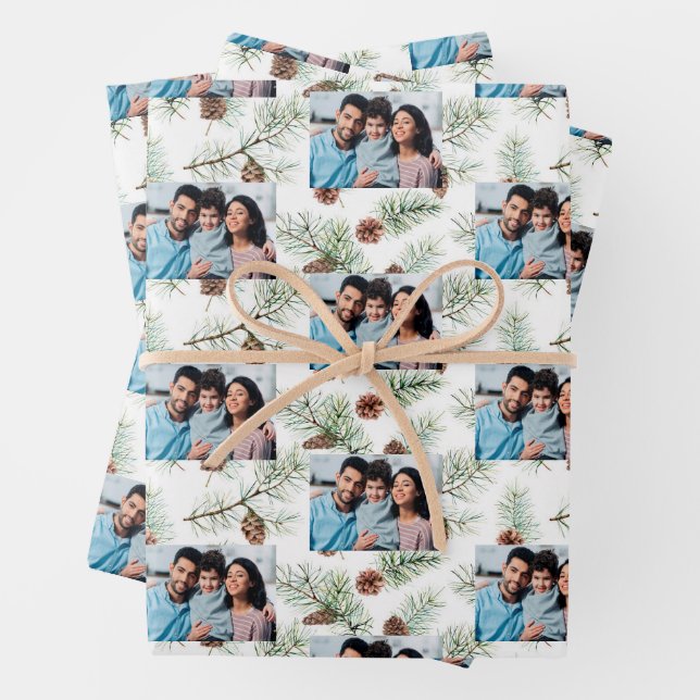 Christmas family photo white cone pine wrapping paper sheet (In situ)