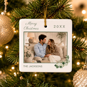 Christmas family photo white greenery sage green ceramic ornament