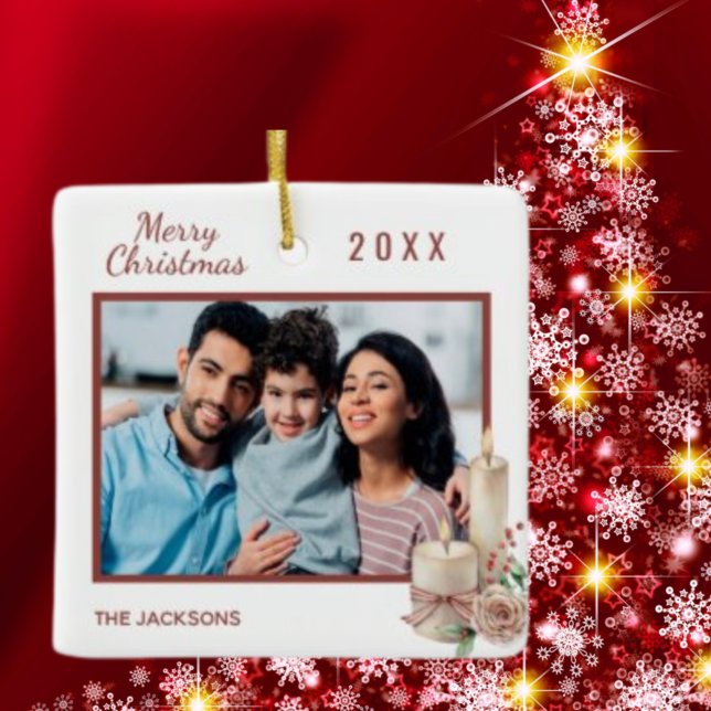 Christmas family photo white red decor ceramic ornament (Creator Uploaded)