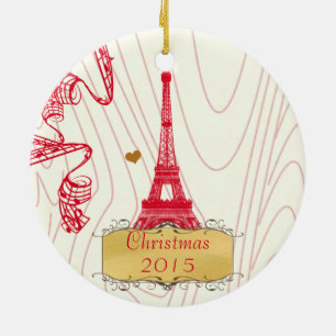 Christmas Family Photo with Eiffel Tower Ceramic Ornament
