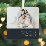 Christmas Family Portrait | Minimal Charcoal Grey Metal Ornament<br><div class="desc">A stylish modern holiday photo ornament with a classic typography quote "holiday cheer and a happy new year" with a dividing line and family name with a vertical text direction in white. The design has a dark charcoal grey feature colour and is in a 'scandi' scandinavian design style. The photo,...</div>