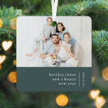 Christmas Family Portrait | Minimal Forest Green Metal Ornament<br><div class="desc">A stylish modern holiday photo ornament with a classic typography quote "holiday cheer and a happy new year" with a dividing line and family name with a vertical text direction in white. The design has a dark forest green feature colour and is in a 'scandi' scandinavian design style. The photo,...</div>